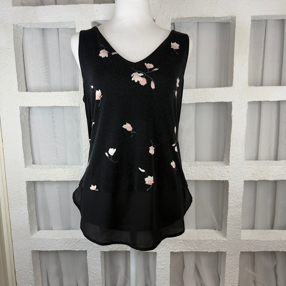 Dynamite Black Floral Sleeveless Layered Chiffon Hem Blouse Tank Top